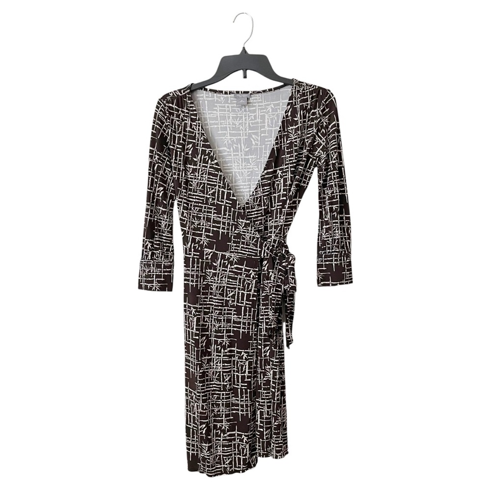 Ann Taylor Wrap Dress Women's Size 0P Brown Bamboo Print 3/4 Sleeve Stretch Work